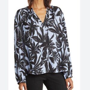 Nordstrom Signature Textured Silk Blend Poet Blouse Blue Brunnera Floral Escape